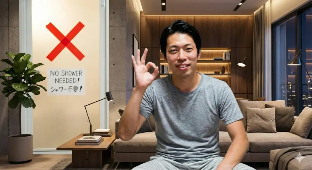 フィールサイクルでシャワーを浴びた後に家でシャワーが不要な様子